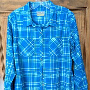 Ladies' Cabela's Blue & Yellow Plaid Button Down Long Sleeve Shirt. Size Large.